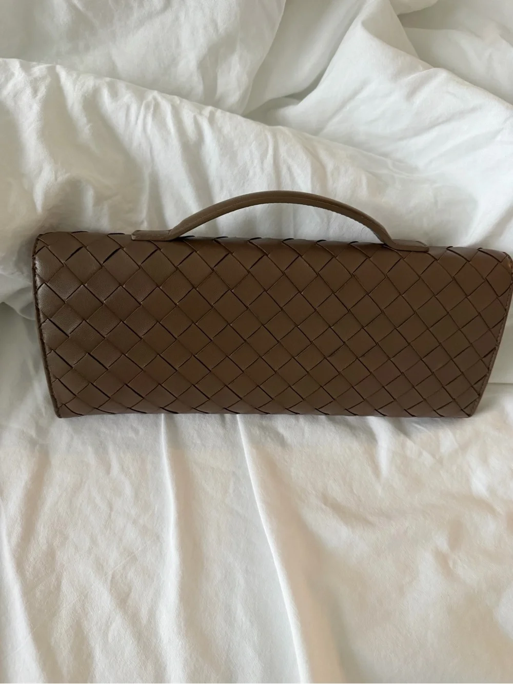 Bottega Veneta intrecciato Woven Leather Top-Handle Clutch in Dark Brown